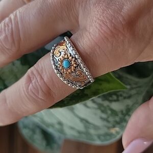 Hand Crafted Silver and Gold Floral Ring with Turquoise Accent sterling silver‎